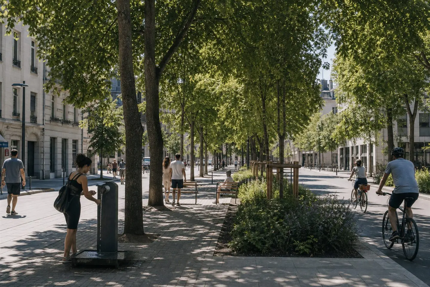 Pedestrians and cyclists using a shaded European city street with mature trees