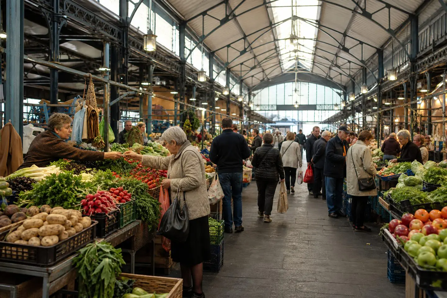 Shoppers moving between produce stalls in a covered European food market