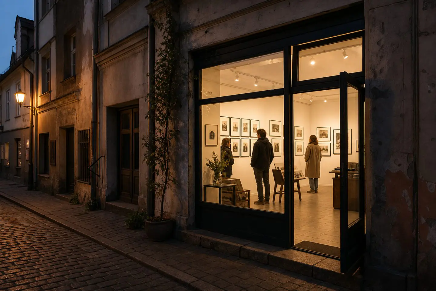 A small warmly lit contemporary gallery in Kazimierz after dusk