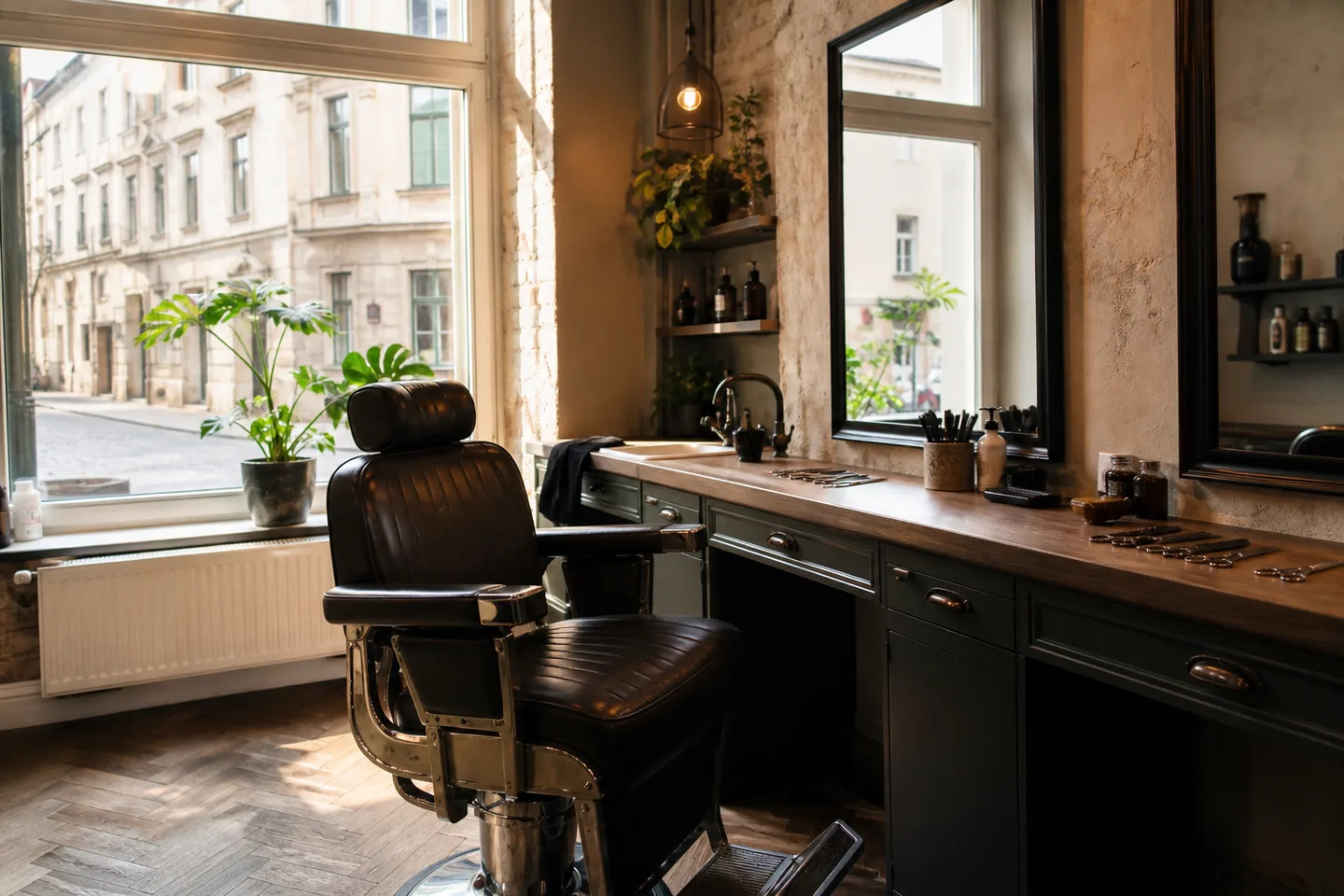 Contemporary Krakow barbershop interior with an empty barber chair and workstation