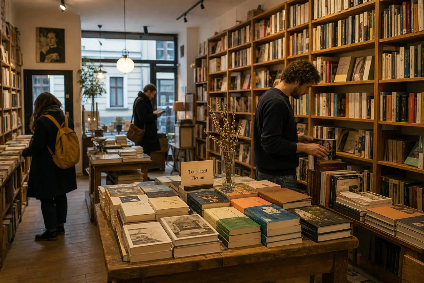 Readers browsing tables and tall shelves in an independent Krakow bookshop