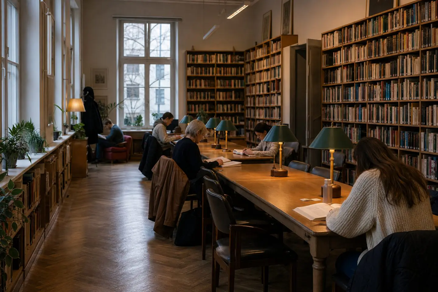 Readers studying at a long table in a welcoming neighborhood library