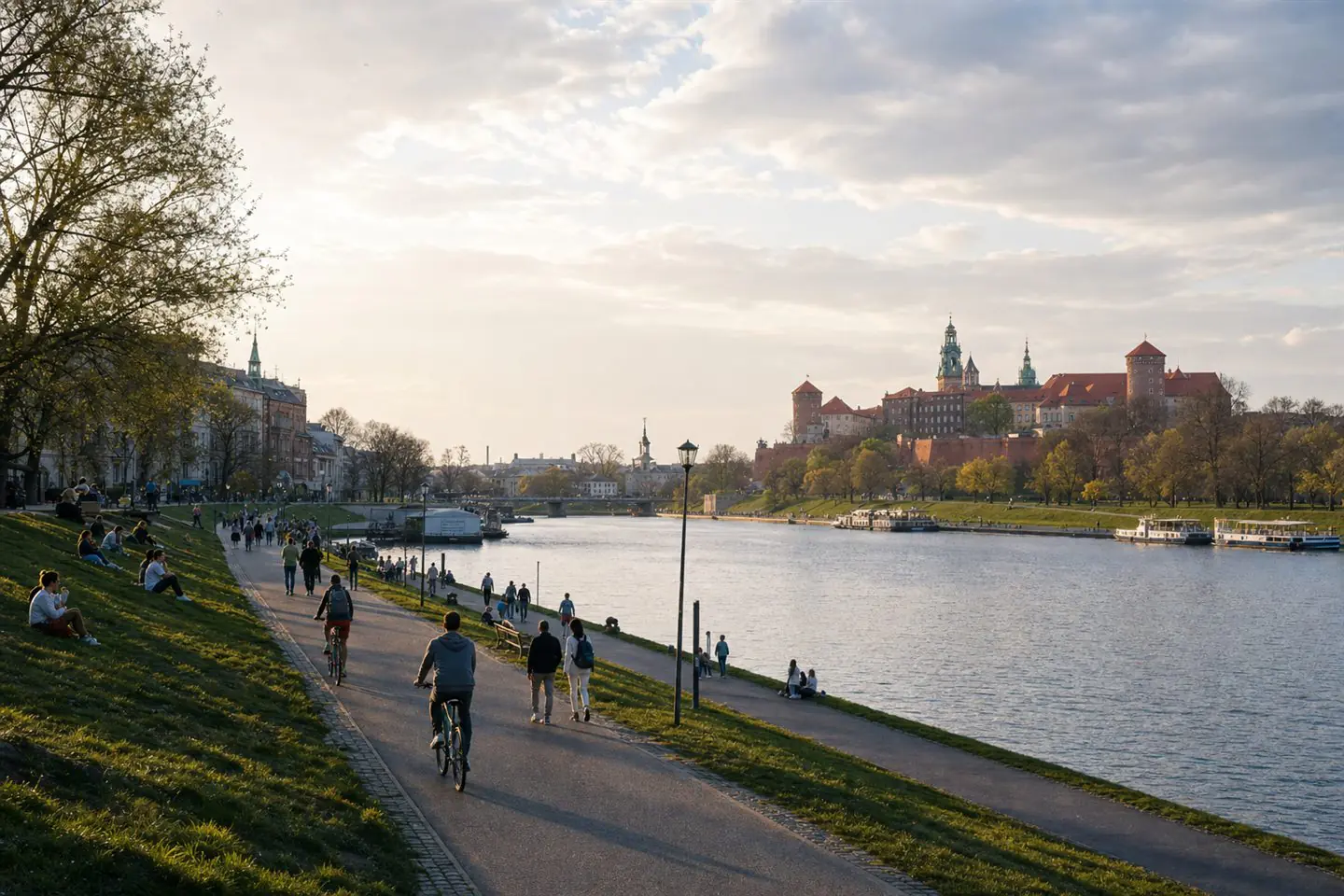 Walkers and cyclists along the Vistula riverfront in Krakow with Wawel Castle in the distance