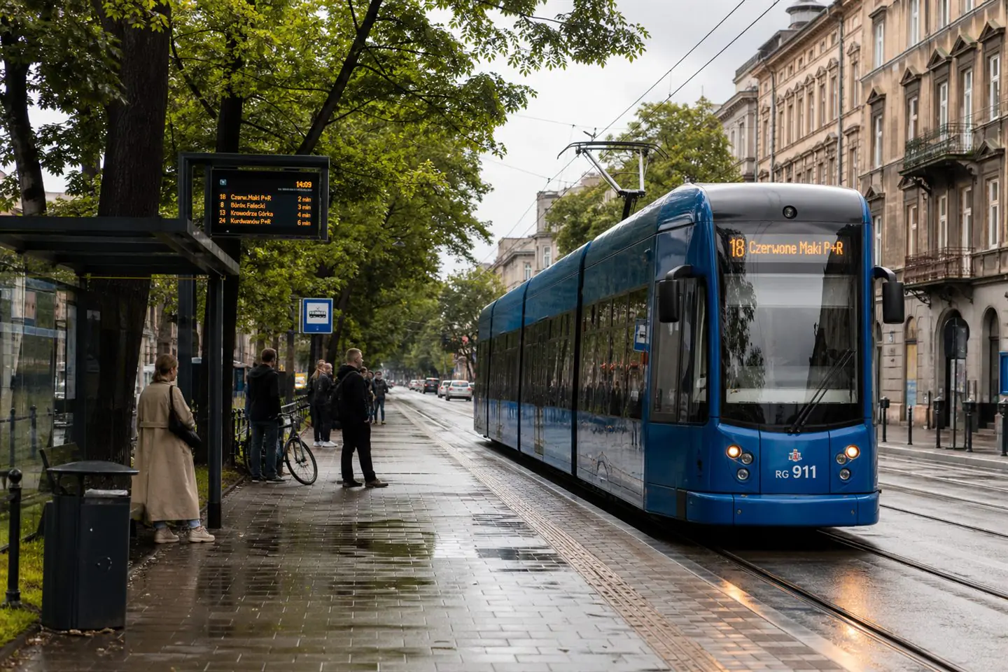 A blue tram arriving at a tree-lined neighborhood stop in Krakow after light rain