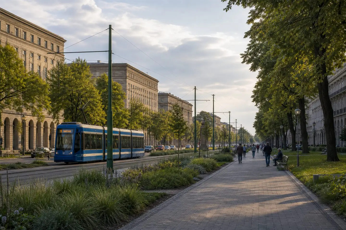 A broad green avenue and tram line through Nowa Huta in Krakow