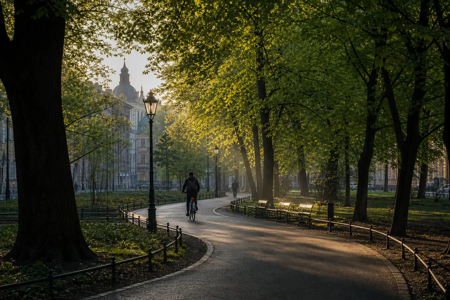 A shaded morning walking path through Krakow Planty park