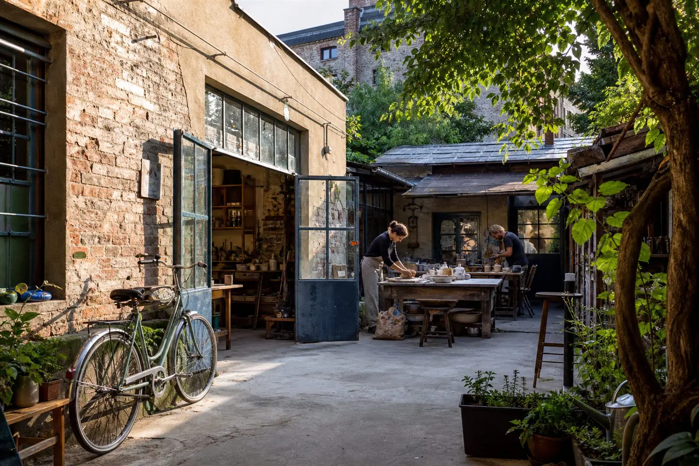 Makers working in a brick courtyard workshop in Podgorze with ceramics, tools, and a bicycle
