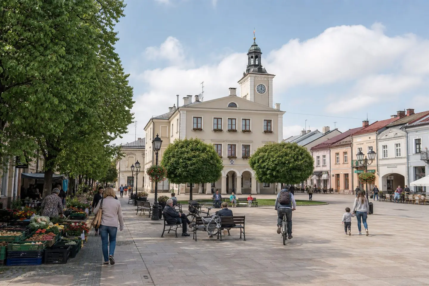 Residents walking and cycling through a shaded civic square in a mid-sized Polish town
