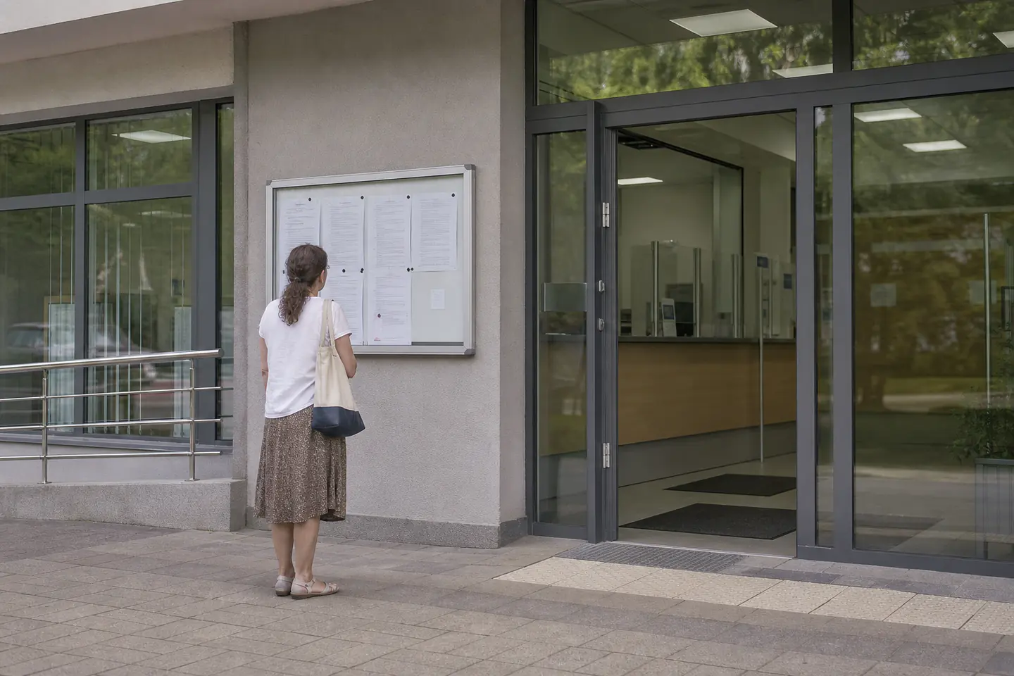 A visitor reading public notices outside a Polish administration office