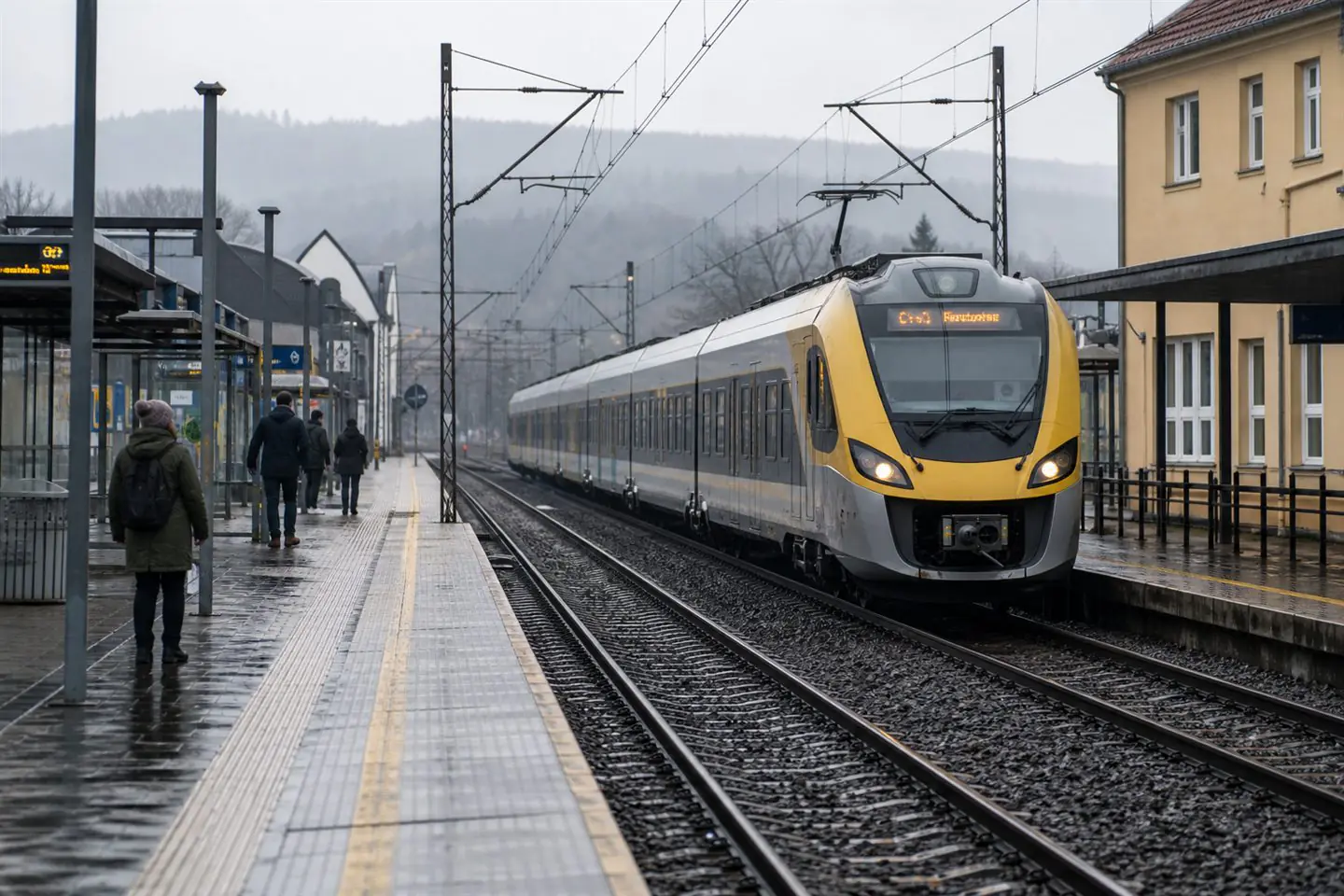 A regional train waiting at a station platform in southern Poland after light rain